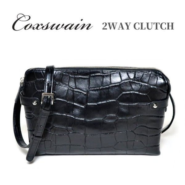 画像1: [COXSWAIN] メンズ クラッチバッグ ストラップ付き クロコエンボスド レザー ブラック CW1605CS BLACK 日本製 (1)