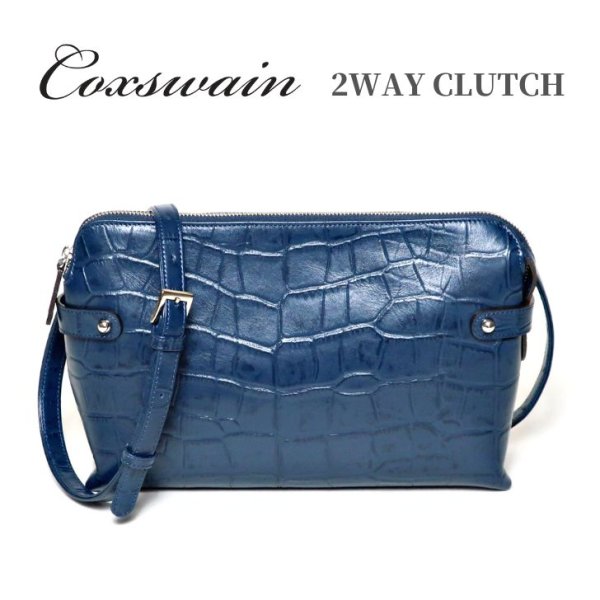 画像1: [COXSWAIN] メンズ クラッチバッグ ストラップ付き クロコエンボスド レザー ネイビー CW1605CS NAVY 日本製 (1)